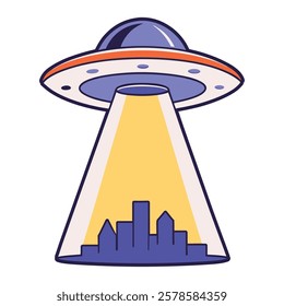 Colorful UFO flying over a city skyline at night