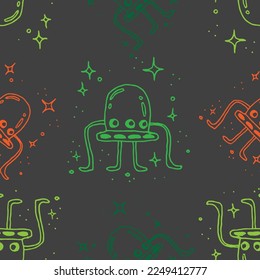 Colorful Ufo seamless pattern on black