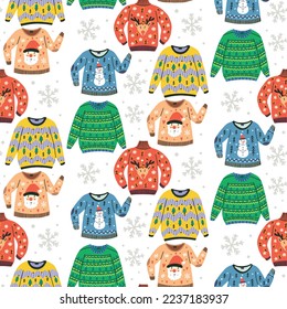 Colorful Ugly sweater pattern with snowflake background. Hand drawn vector wallpaper and Christmas paper design