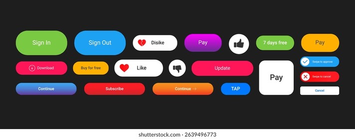 Colorful UI button set for social apps and web design. Includes actions like Sign In, Pay, Like, Subscribe, Continue, Download, Update, and Swipe. Ideal for UX, UI kits and app mockups.