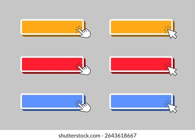 Colorful UI buttons with hand and mouse cursor clicks on gray background, illustrating interactive elements in digital interface design.
