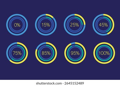 Vetor de barra de progresso circular de interface do usuário colorida definido mostrando 0-100 por cento. Ideal para dashboards da Web, aplicativos, infográficos ou designs de interface do usuário que envolvem progresso visual e controle.