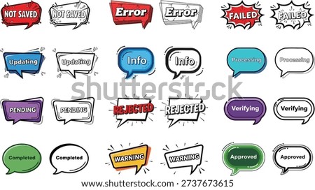 Colorful UI Status Speech Bubble Vector Set with Success, Error, Warning, Info, Approved, Rejected, Pending and Notification Labels