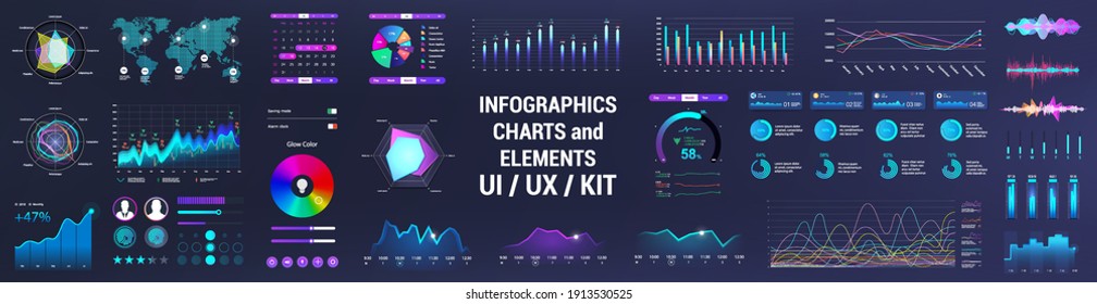 Colorful UI, UX, GUI interface elements collection. Dashboard User Interface elements. Graphics collection - charts, infographic, diagrams, graphic for UI, UX or Web and Mobile Phone App. Vector set
