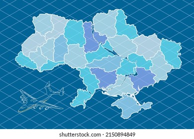 Colorful ukraine map regional centers with world s largest transport aircraft ukrainian dream Mriya. Education, trip, cartography, part of world. Flat style graphic art design on white background