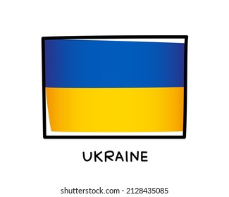 Colorful Ukrainian flag logo. Blue and yellow brush strokes, hand drawn. Black outline. Vector illustration isolated on white background.