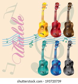 Colorful ukulele  on musical notes background