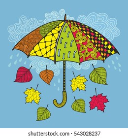 Colorful umbrella and autumn wind. Vector illustration.