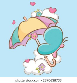 
colorful umbrella, blue butterfly, clouds and hearts.