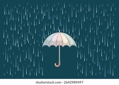 Colorful umbrella in cartoon rain scene, flat vector pastel illustration for seamless patterns, educational visuals, and children’s seasonal decorations

