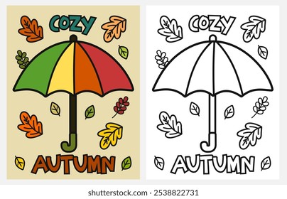 Colorful umbrella coloring page for kids, autumn, fall coloring pages for kids