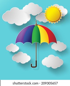  colorful umbrella flying high in the air with cloud and sun. paper art style.