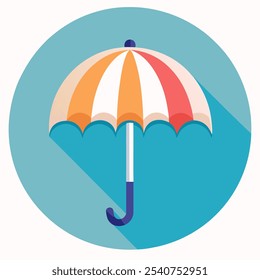 A colorful umbrella icon with a long shadow, perfect for apps, websites, and branding. This simple yet stylish design is ideal for adding a touch of whimsy to your projects.