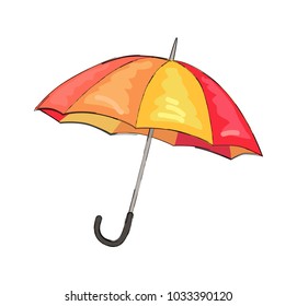Colorful umbrella icon vector illustration isolated on white background. Open object that protects from rain, symbol of autumn in yellow and red colors