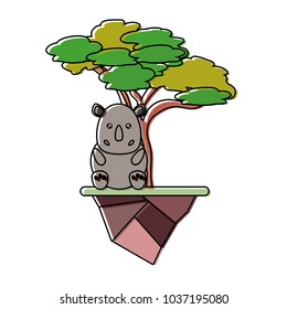 Colorful umbrella pine tree, kawaii rhinoceros and earth piece vector illustration