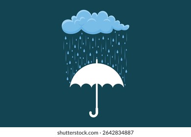 Colorful umbrella in rain, flat vector design with cute raindrops and pastel color palette, creative rainy weather background for children and seasonal illustrations

