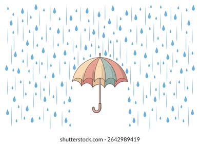 Colorful umbrella in the rain with soft drops, cartoon pastel flat vector suitable for weather-related kids projects, baby illustrations, and print design
