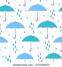 Colorful Umbrella in the Rain White Background Seamless Pattern