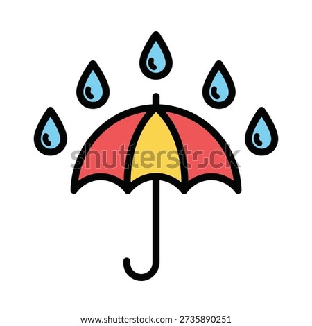 A colorful umbrella with raindrops falling around it