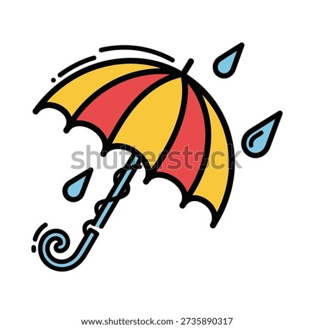A colorful umbrella with raindrops falling around it