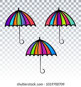 Colorful umbrella set, isolated on transparent background. Colored gradient collection of parasol icons. Open umbrella side view vector set with black frame for design, print or illustration.