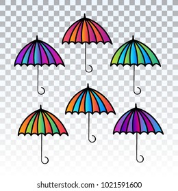 Colorful umbrella set, isolated on transparent background. Colored gradient collection of parasol icons. Open umbrella side view vector set with black frame for design, print or illustration.