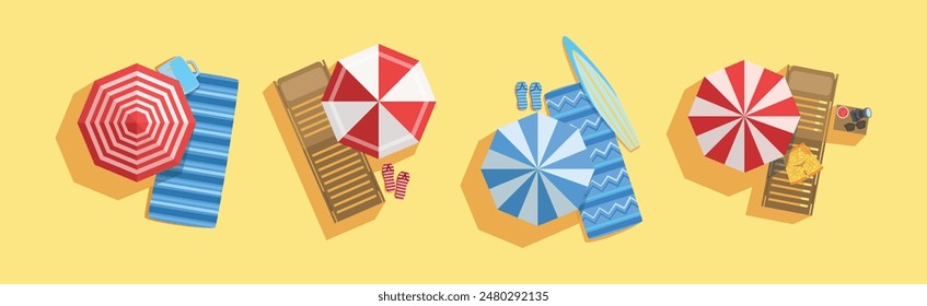 Colorful Umbrella Shade with Deck Chair and Blanket on Sandy Beach Vector Set