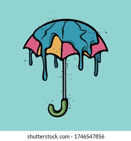 Colorful umbrella with splashing water falling down. Vector weather concept illustration