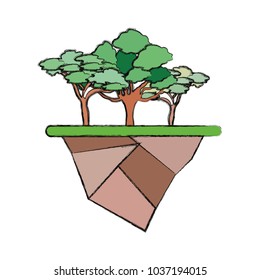 Colorful umbrella stone pine tree forest  with earth piece doodle vector illustration