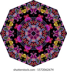 Colorful umbrella template in ethnic style. Bright mandala with flowers and paisley. Mat. 