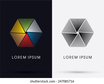 Colorful Umbrella, top view, designed using line graphic, hexagon shape, logo, symbol, icon, graphic, vector.