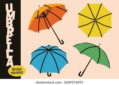 Colorful umbrella vector set (orange, yellow, blue, green). Minimalist design, ideal for icons and graphic elements.
