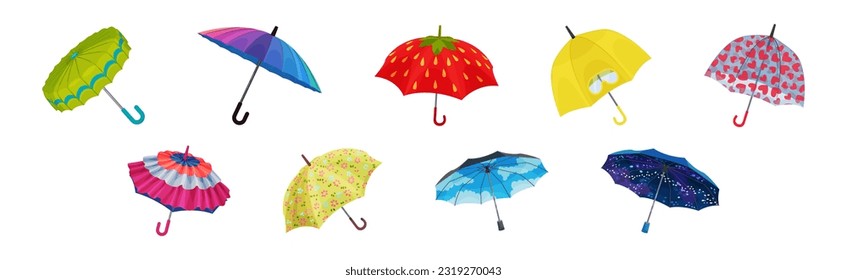 Colorful Umbrella as Waterproof Protective Accessory for Rainy Weather Vector Set