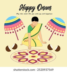  The colorful umbrellas add a nice touch to the festive vibe Happy Onam is prominently displayed at the top A woman is shown kneeling on the ground Several coconuts are scattered around