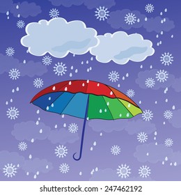 Colorful umbrellas against the backdrop of snow and rain.