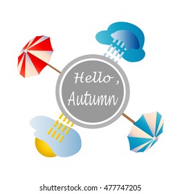 Colorful umbrellas, cloud, cloud, rain and sun on a white background. Autumn postcard. Can be used to design a site with a weather cover.