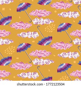 Colorful umbrellas and clouds seamless vector pattern. Happy childish surface print design. For fabrics, textiles, stationery, scrapbooking, home decor, packaging, and gift wrap.