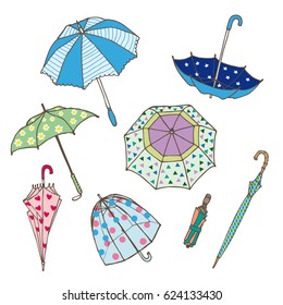 Colorful umbrellas collection of different types in various positions in hand drawn style isolated vector illustration