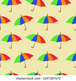 colorful umbrellas fly in different directions on a beige background