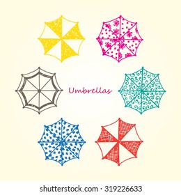  Colorful Umbrellas icons. Vector Collection of hand drawn Doodles Umbrellas