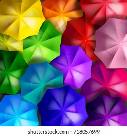 Colorful umbrellas as interior design.Top view. Cool  summer Beach umbrella. Rainbow umbrellas vector illustration