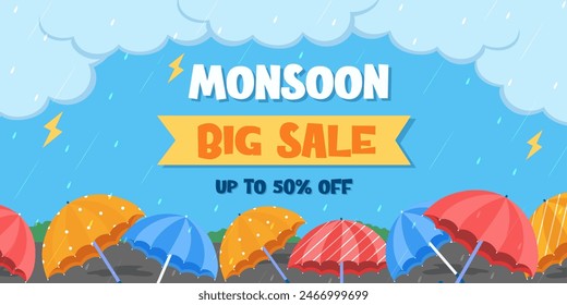 Bunte Regenschirme Monsun Saison Hintergrund, Monsun Verkauf Poster. In: Monsoon Sale Banner. Rabatt, Angebote. Monsun Saison Hintergrund. Vektorillustration..