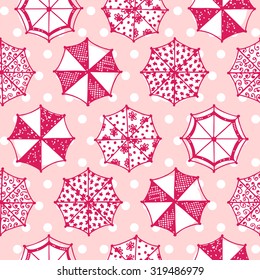Colorful umbrellas - Pink background. Hand drawn Doodles Umbrellas - Vector Seamless pattern