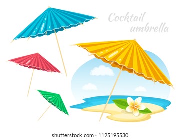 Colorful Umbrellas with Plumeria Flower. Summer Time Vacation Attribute. Decoration element. Vector Illustration