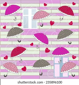 Colorful umbrellas polka dot flying in the wind - vector illustration