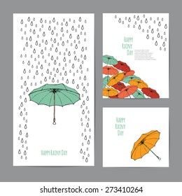 Colorful umbrellas   rain drops and text block  Templates for design cards  banners   flyers  White background