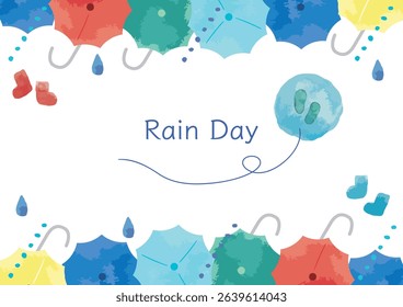 Colorful umbrellas and rain June image Watercolor frame material