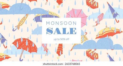 Guarda-chuvas coloridos e pingos de chuva com nuvens azuis e texto de venda de monção na moldura central. Vetor plano desenhado à mão Ilustração sem emenda para cartaz, promoção sazonal, design de envoltório.
