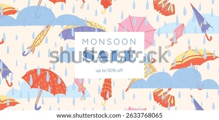 Colorful Umbrellas and Raindrops with Blue Clouds and Monsoon Sale Text in Central Frame. Hand Drawn Flat Vector Seamless Illustration for Poster, Seasonal Promotion, Wrapping Design.