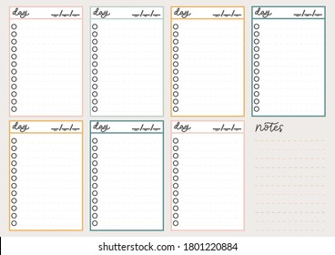 Colorful undated planner with to do lists and checklists for business, social media, self motivation etc. Printable weekly and daily undated planner. Vector illustration